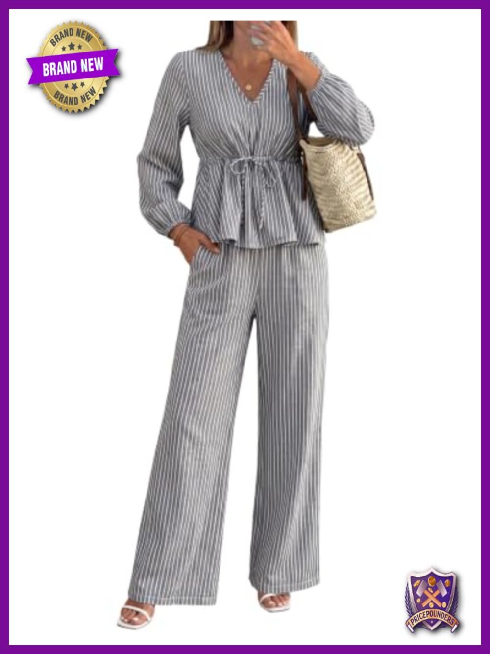 Womens 2 Piece Lounge Set Striped V-Neck Peplum Wide Leg Pants Polyester Blend